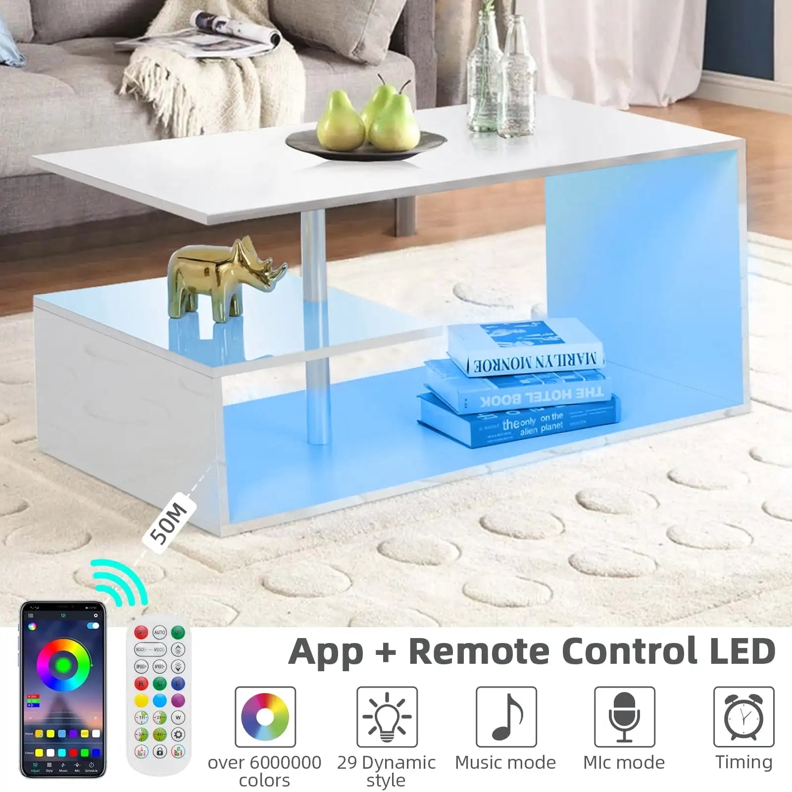 High Gloss White Table With LED Lights Open Shelf