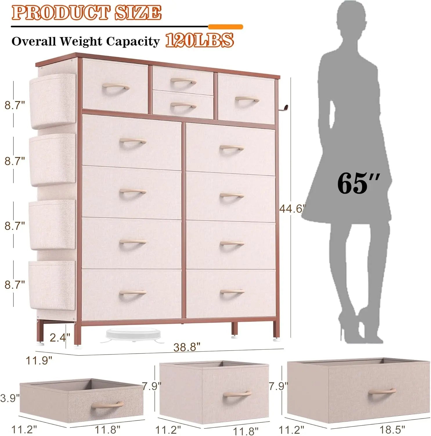 Pink Dresser 12 Drawers Side Pockets And Hooks, Fabric