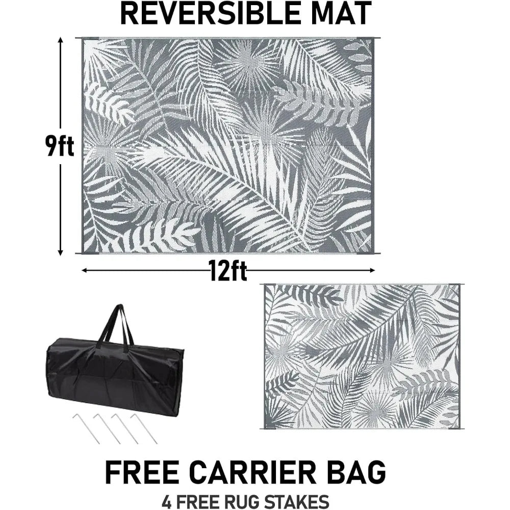 Outdoor Reversible Plastic Straw Rug, 9'x12', Cool Gray