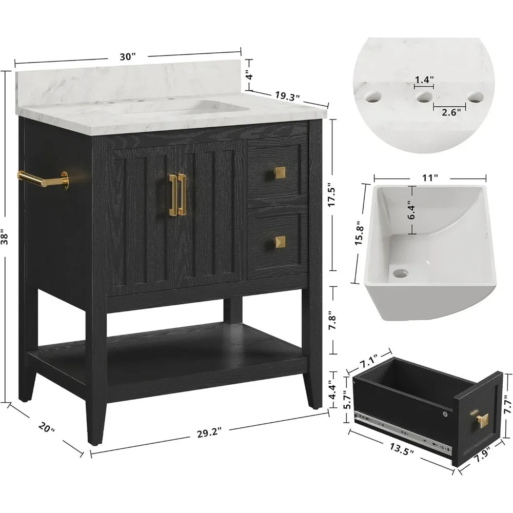 30-Inch Bathroom Vanity Sink, Double Drawers, Shelf