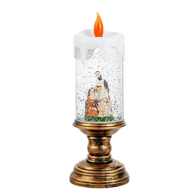 Christmas decorations: candles, crystal lights, cartoon snowflakes, birthday and Christmas gifts, scene setups