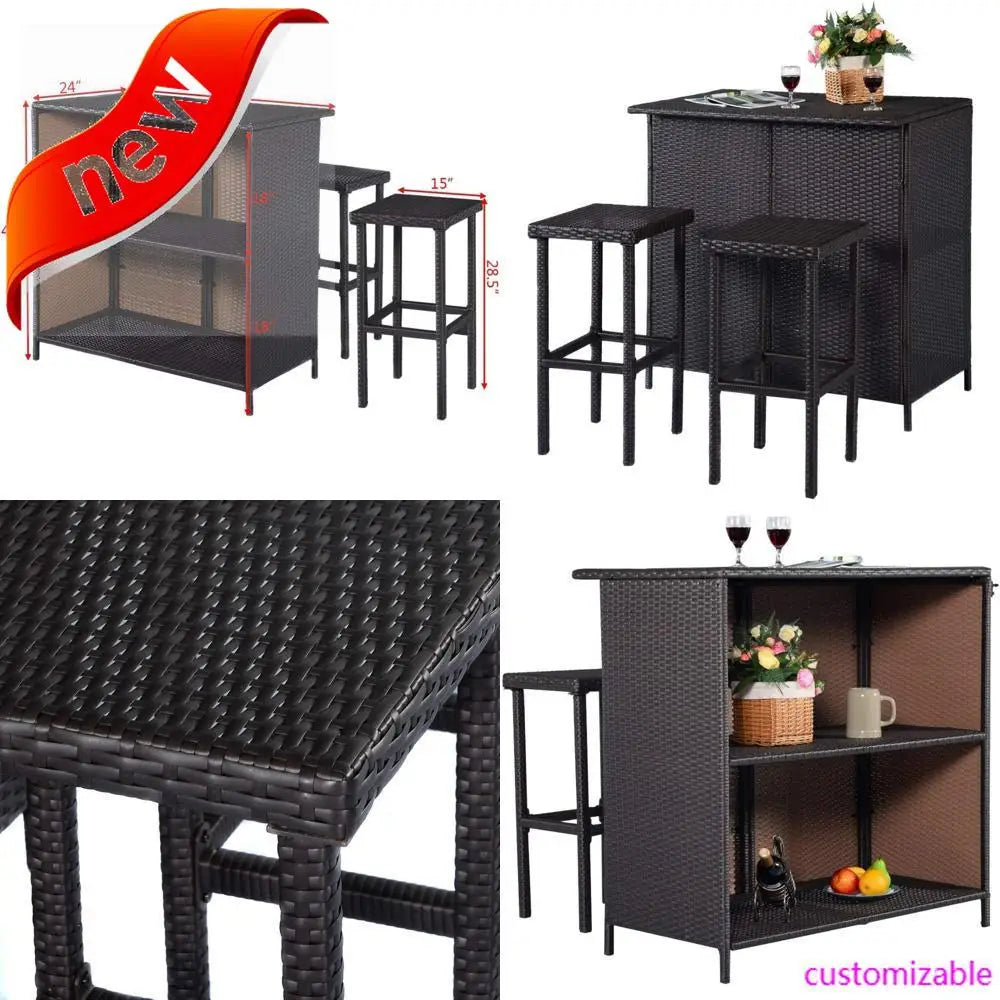 Rattan 3-Piece Bar Set With Wicker Stools And Table