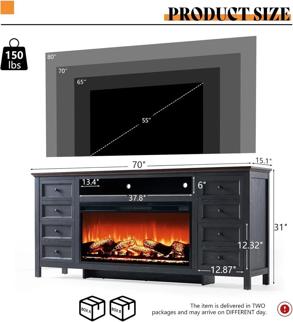 70" TV Stand With 37" 7,Color Fireplace For 80" TVs