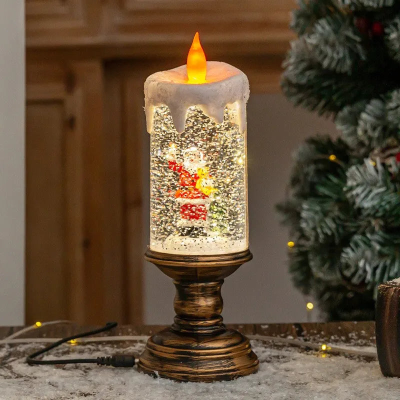 Christmas decorations: candles, crystal lights, cartoon snowflakes, birthday and Christmas gifts, scene setups