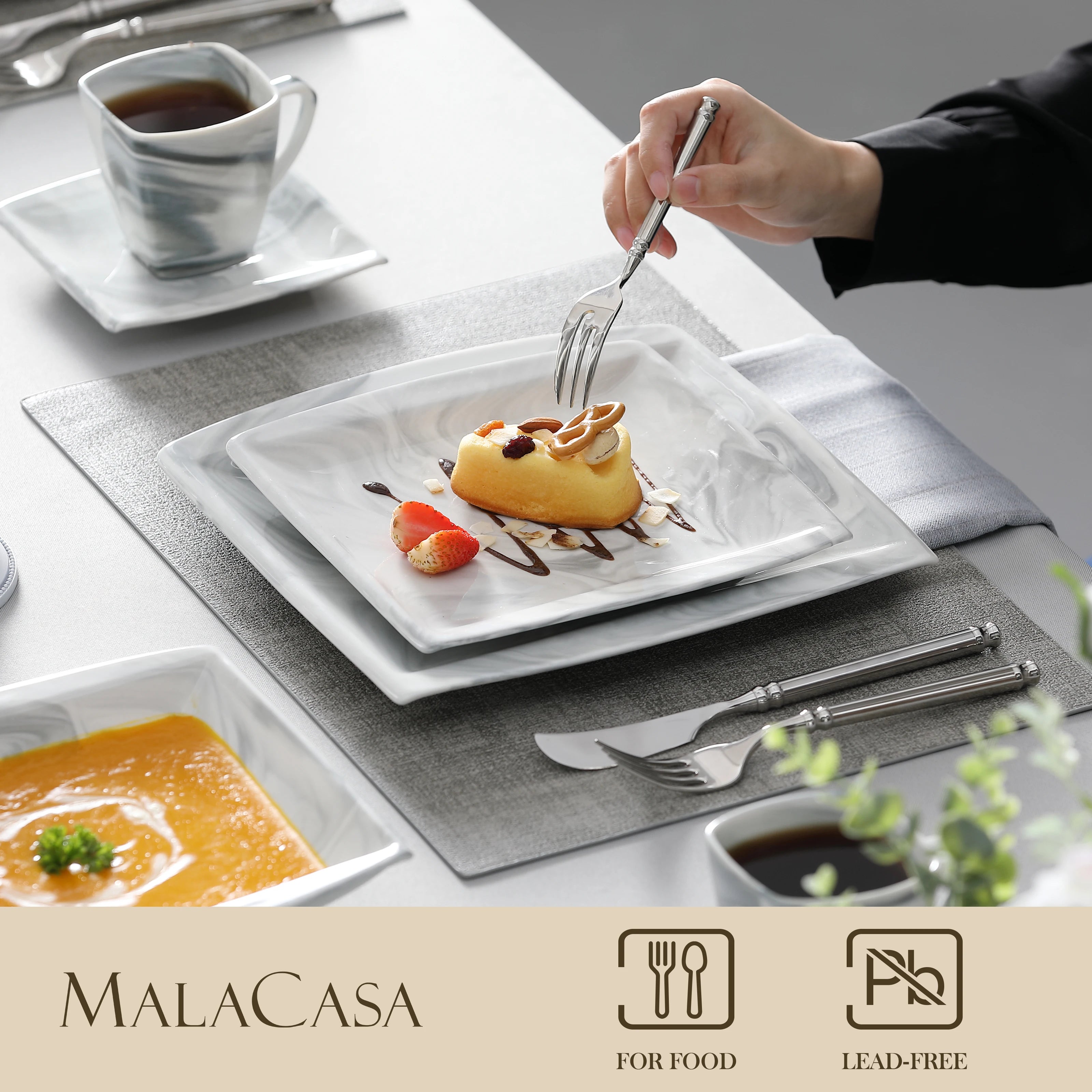 MALACASA 30/60PCS Marble Grey Porcelain Dinnerware Set