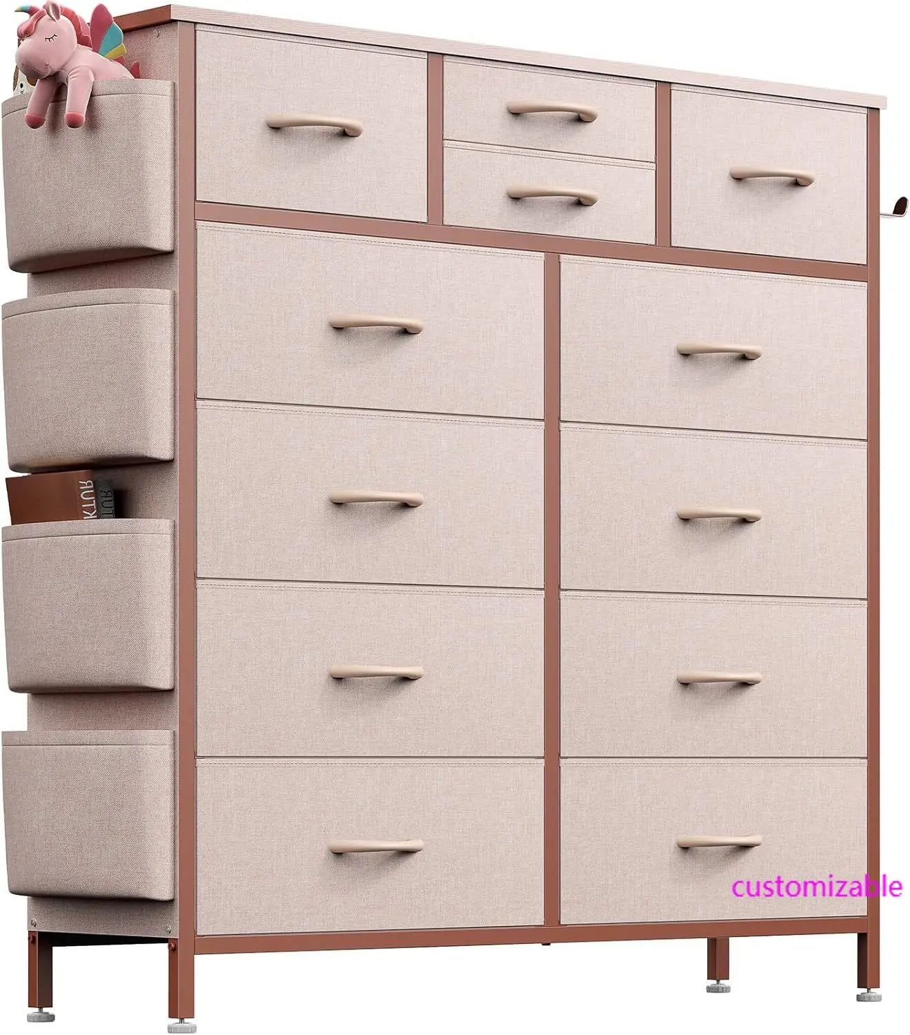 Pink Dresser 12 Drawers Side Pockets And Hooks, Fabric