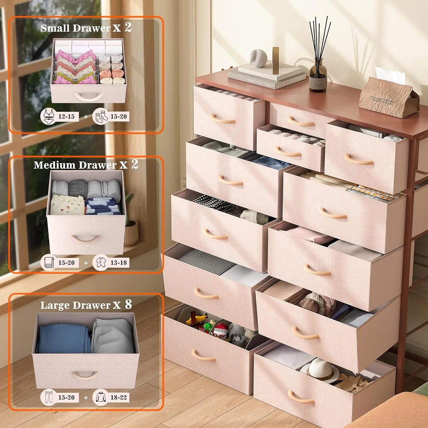 Pink Dresser 12 Drawers Side Pockets And Hooks, Fabric