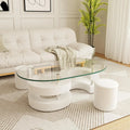Glass Coffee Table Set of 3, 2 Leather Stools, Accent