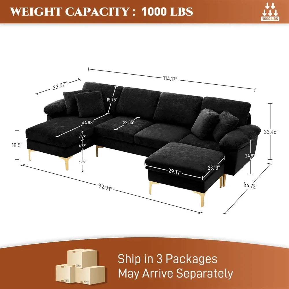 "4-Seat U-Shaped Velvet Sofa With Convertible l-Shape And Chaise Lounge For Living Room"