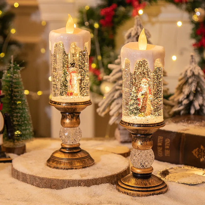 Christmas decorations: candles, crystal lights, cartoon snowflakes, birthday and Christmas gifts, scene setups