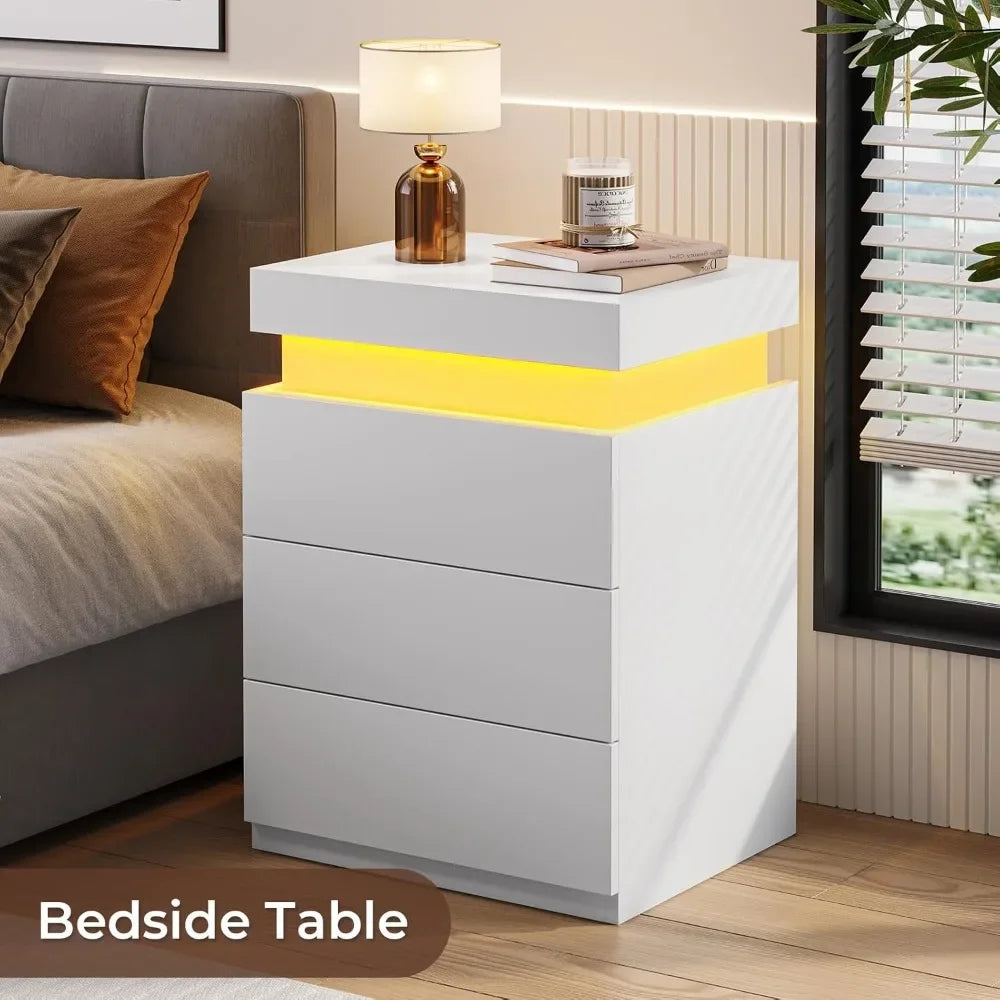 LED Nightstands Charging Station, Sliding bedside Table