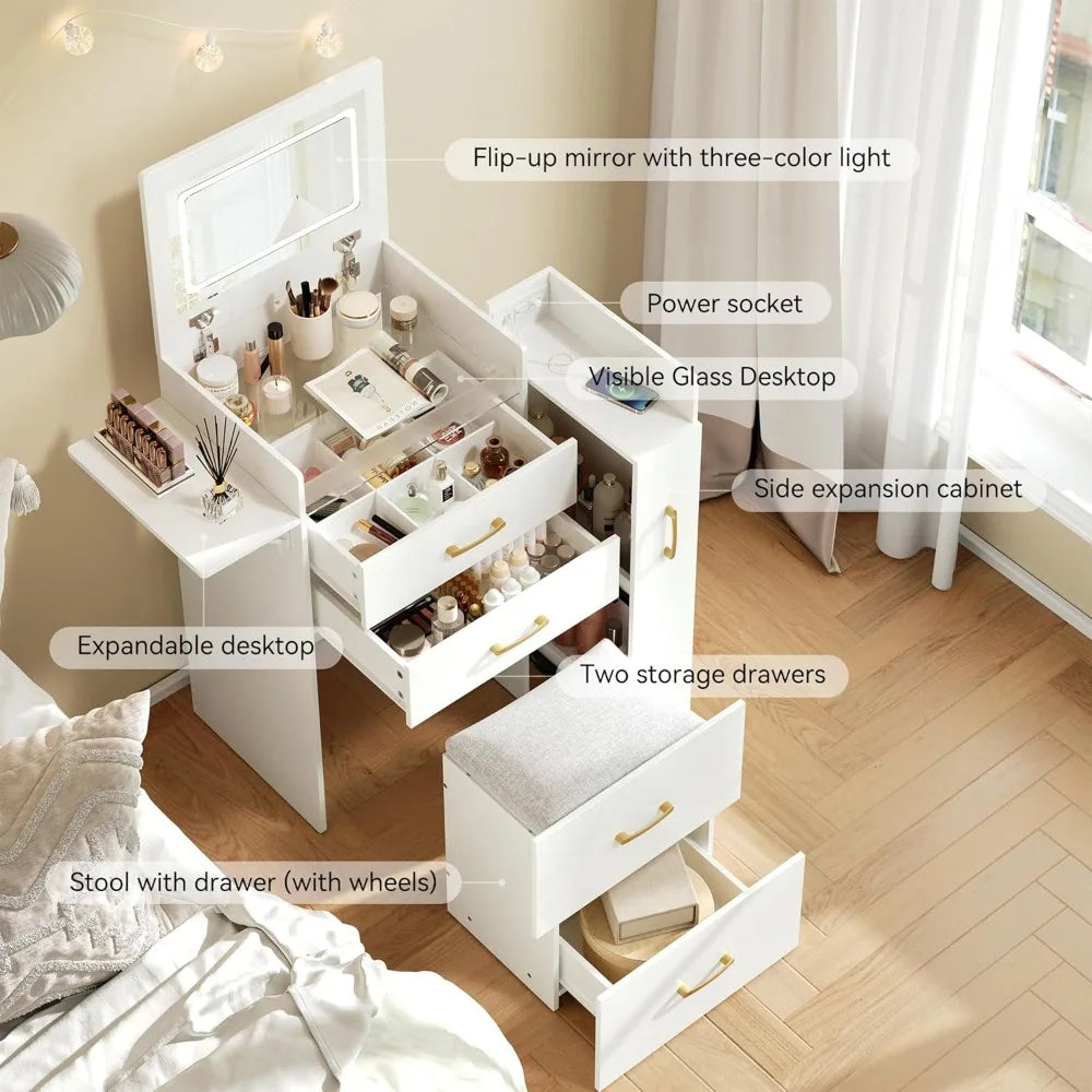 Vanity Desk With Flip Mirror, LED Lighting