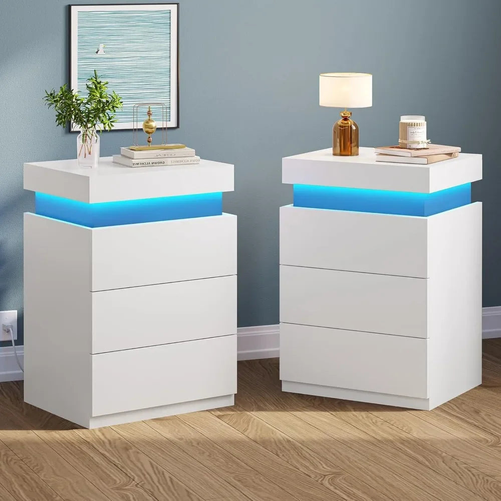 LED Nightstands Charging Station, Sliding bedside Table