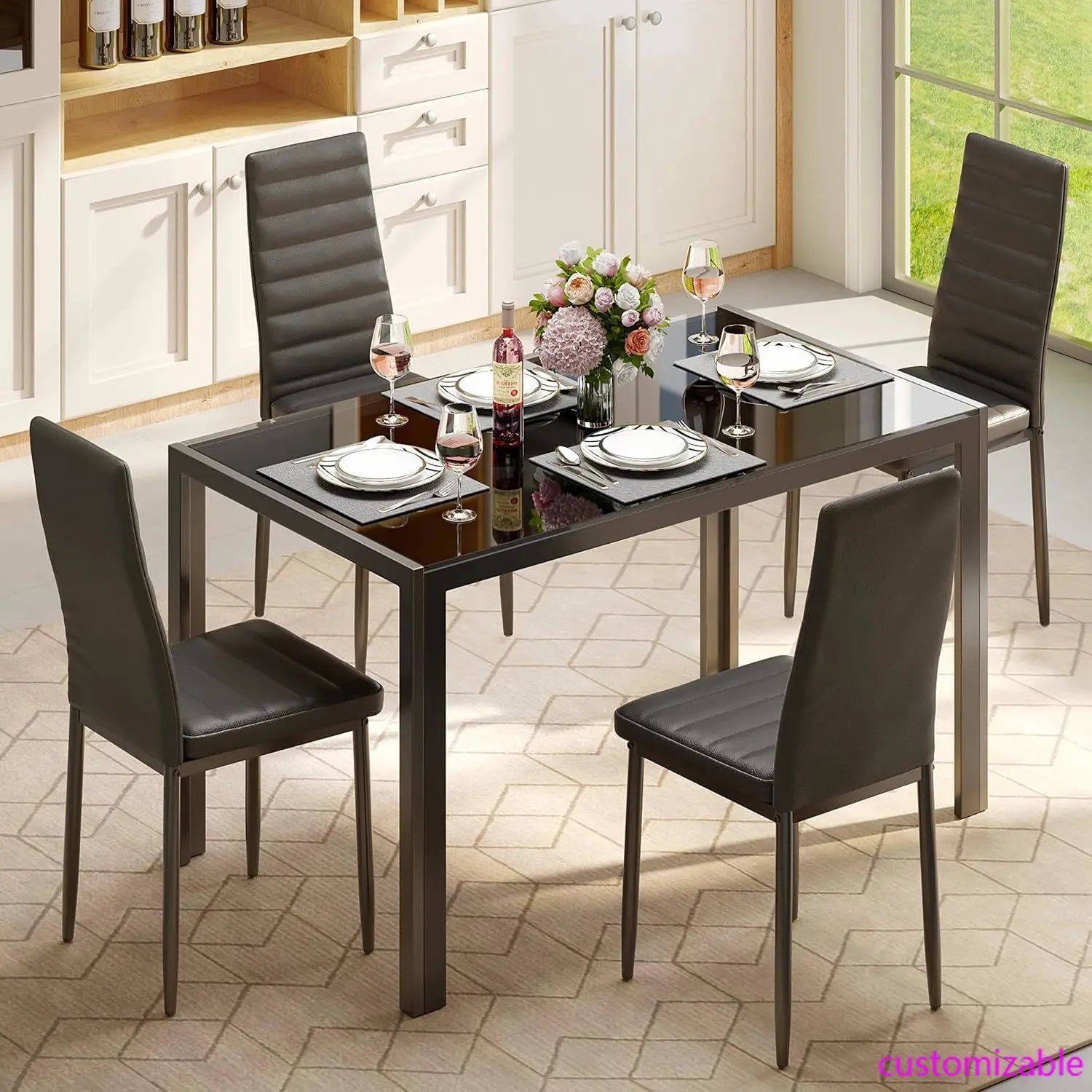 5 Piece Glass Dining Table Set, And Chairs 4, Leather