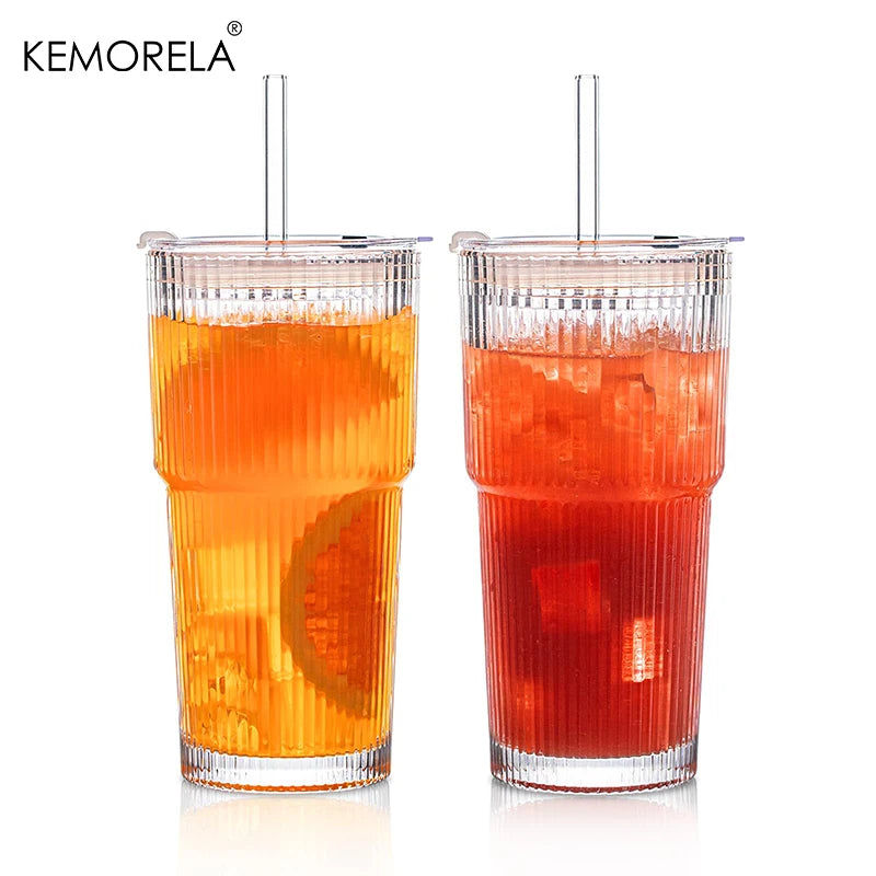 20 oz Ribbed Glass Tumblers Lids and Straws 2/4-Piece