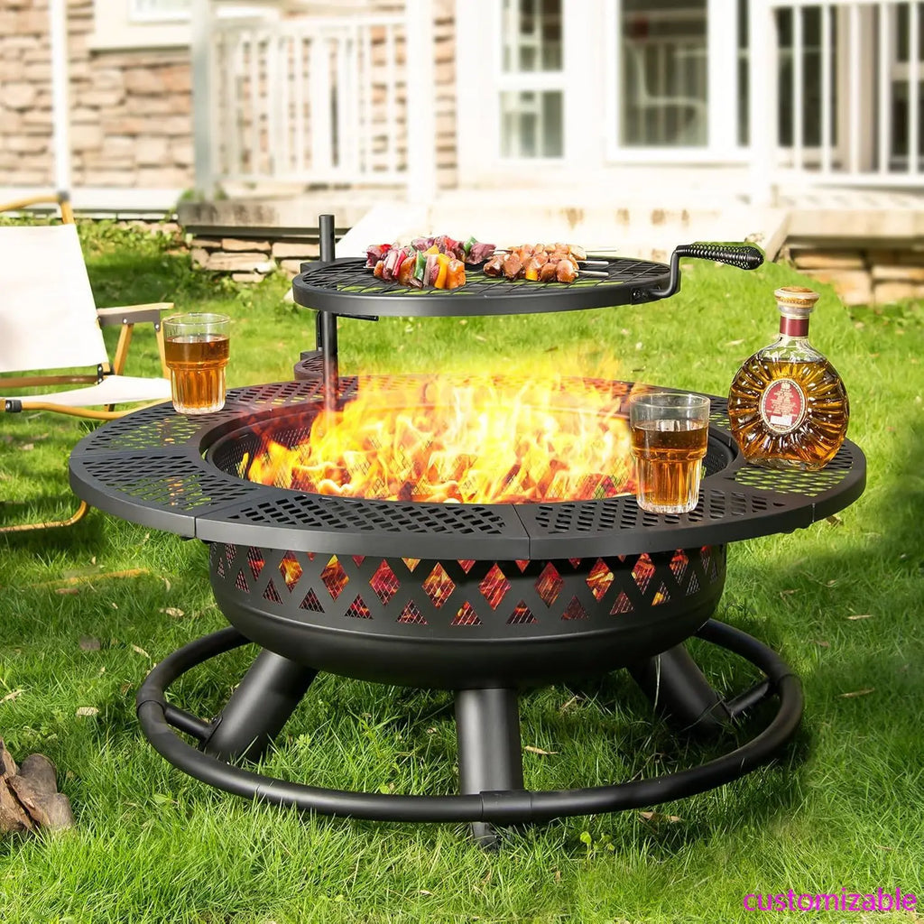 36 Inch Fire Pit With Grill, Lid & Poker