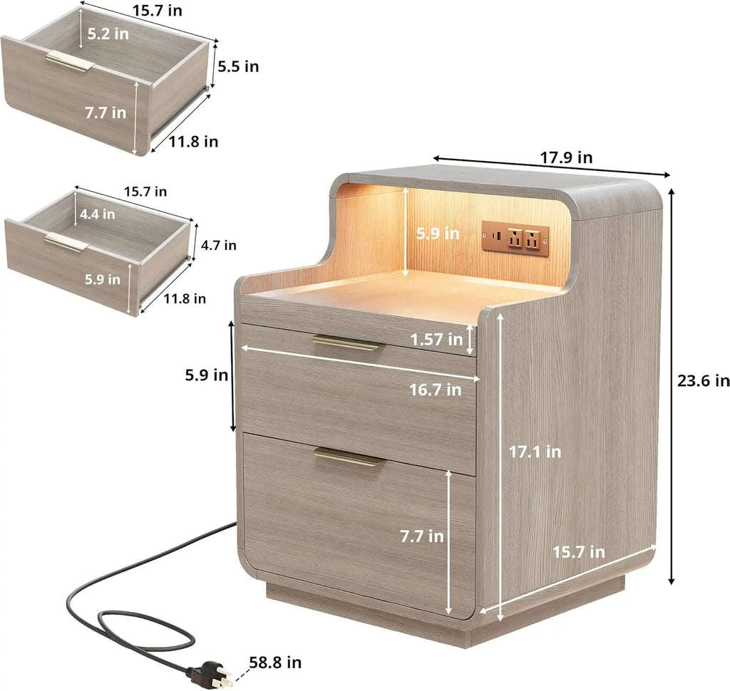 Nightstand Charging Station ,LED Lights, Pull-Out Shelf,