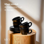 Cappuccino Cups Set of 4 [8oz]  Black Ceramic Mug and Saucer