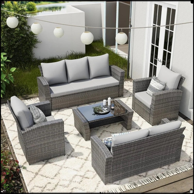 5-Piece Patio Set All Weather Wicker, Glass Table