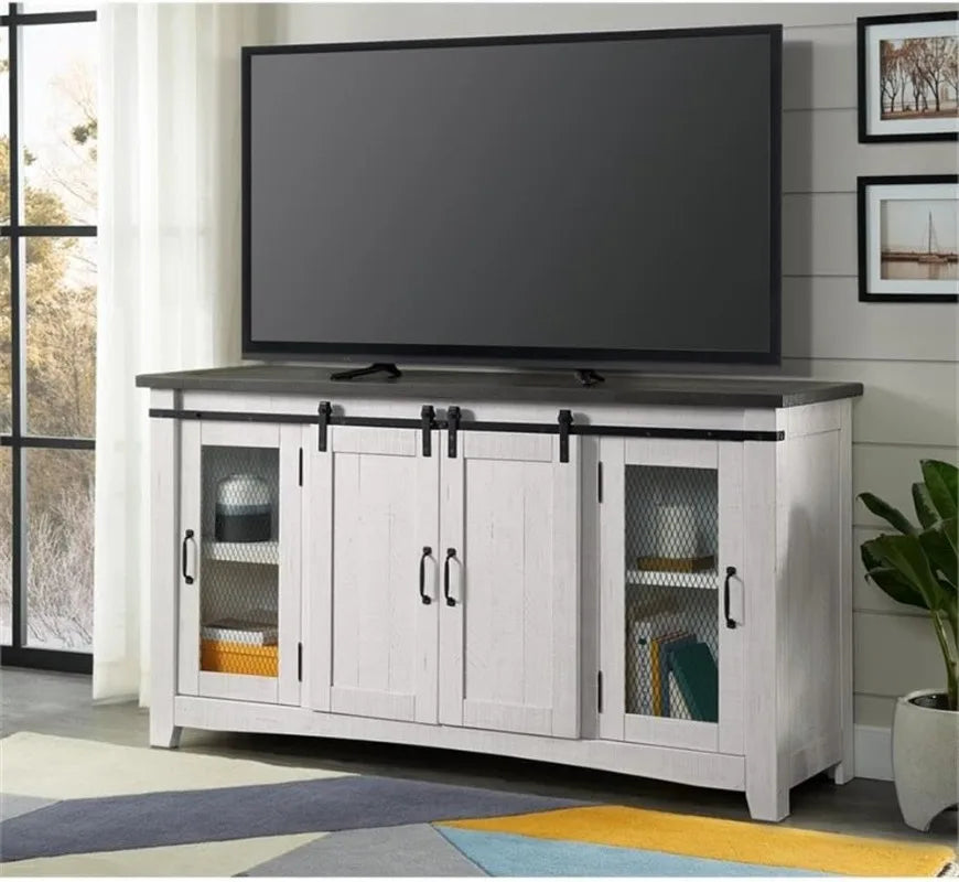 65" Rustic Solid Wood TV Stand, White With Storage