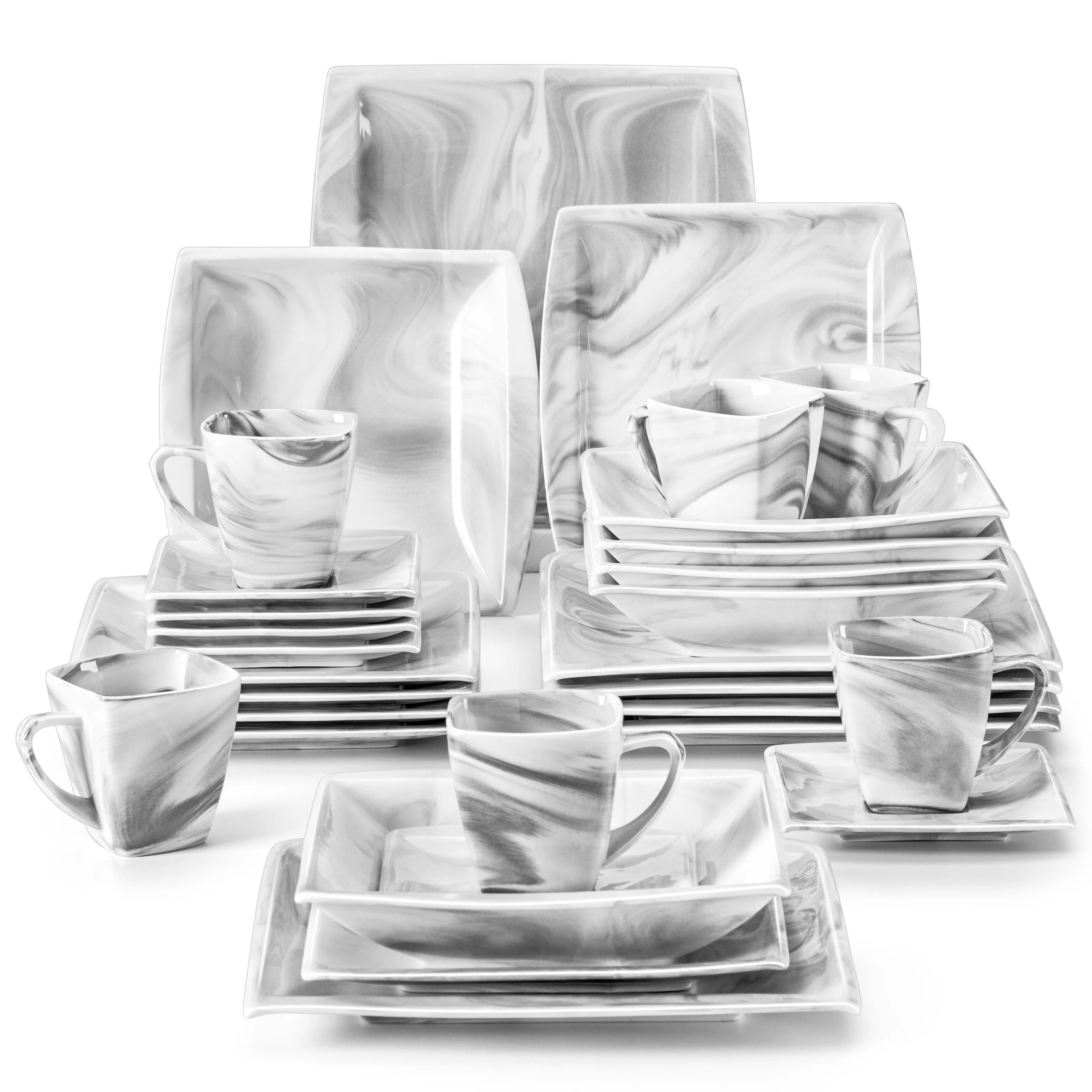 MALACASA 30/60PCS Marble Grey Porcelain Dinnerware Set