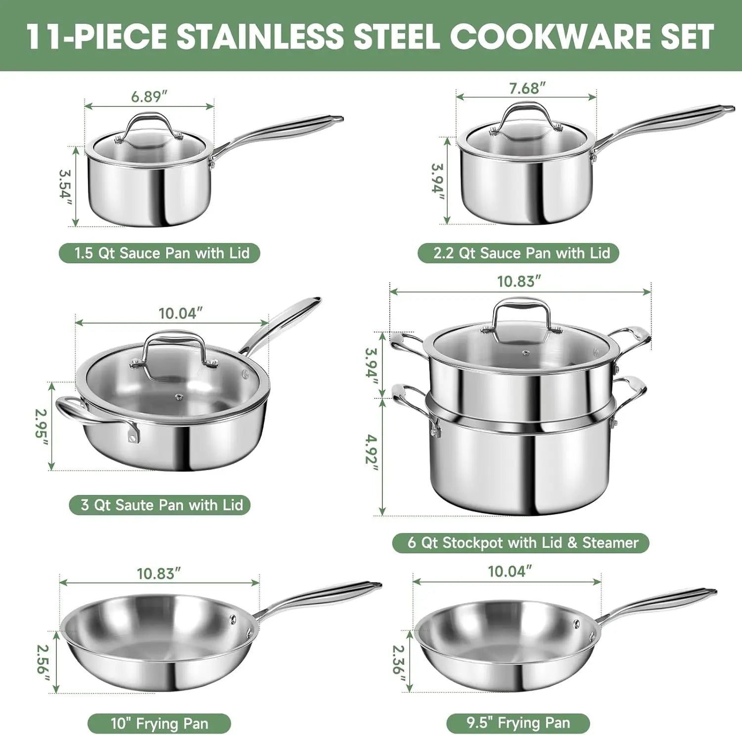 3 Ply Stainless Steel 11-Piece Cookware Set With Lids