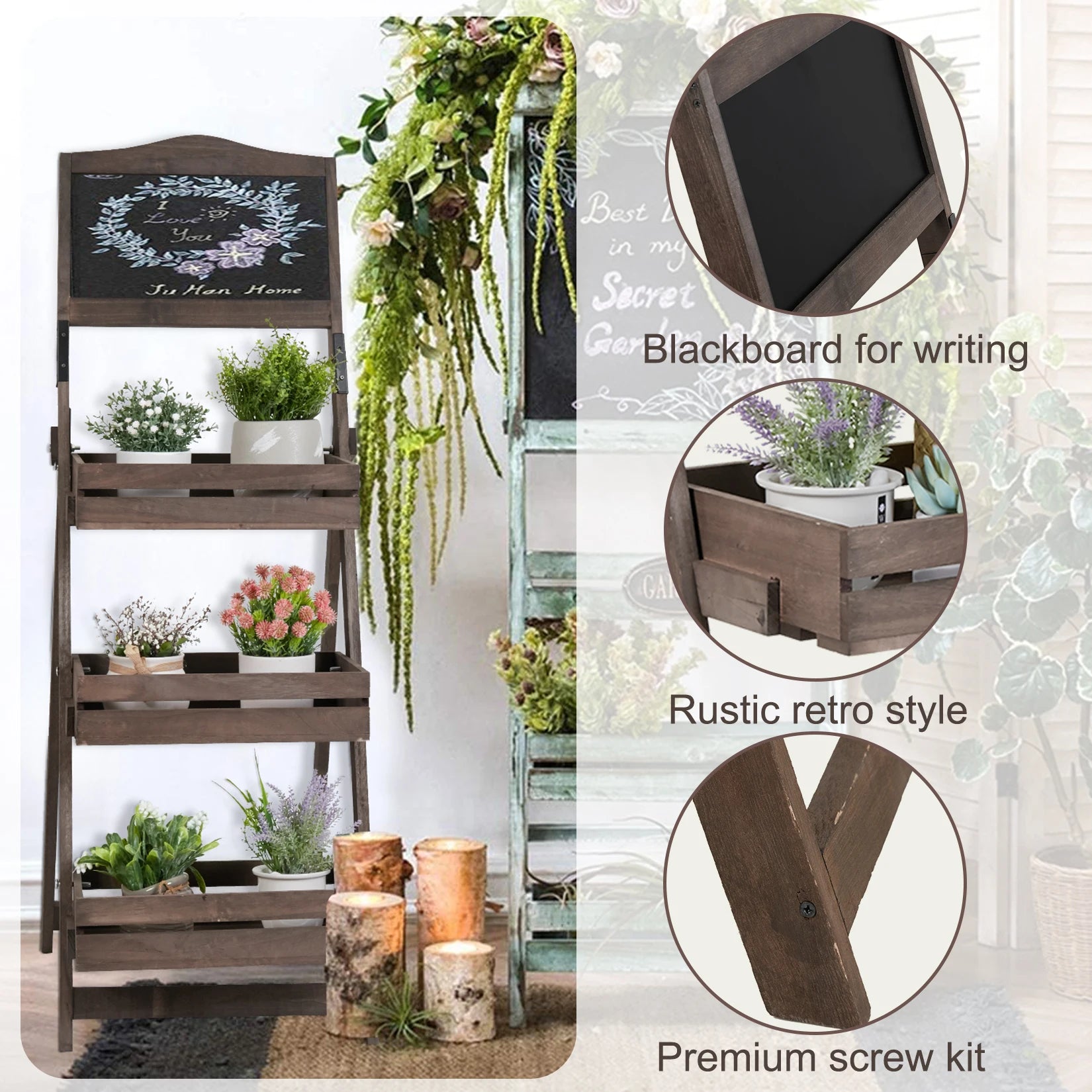 Folding Ladder 3 Tier Plant Stand with Chalkboard