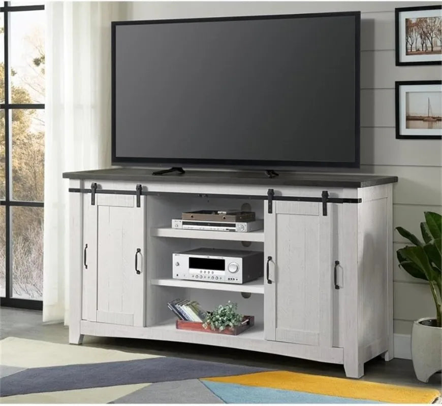 65" Rustic Solid Wood TV Stand, White With Storage