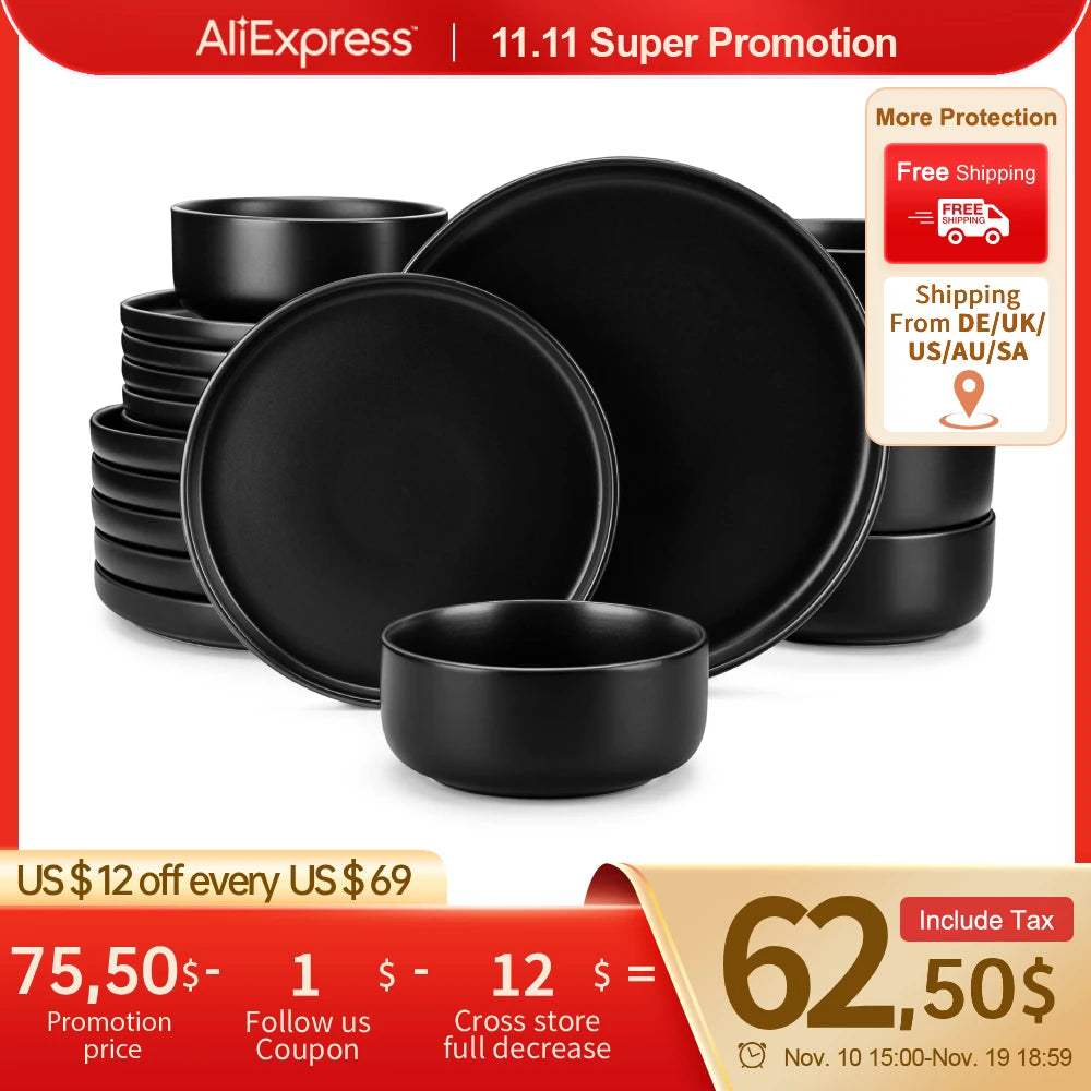 18/36 Piece Black Ceramic Stoneware Set