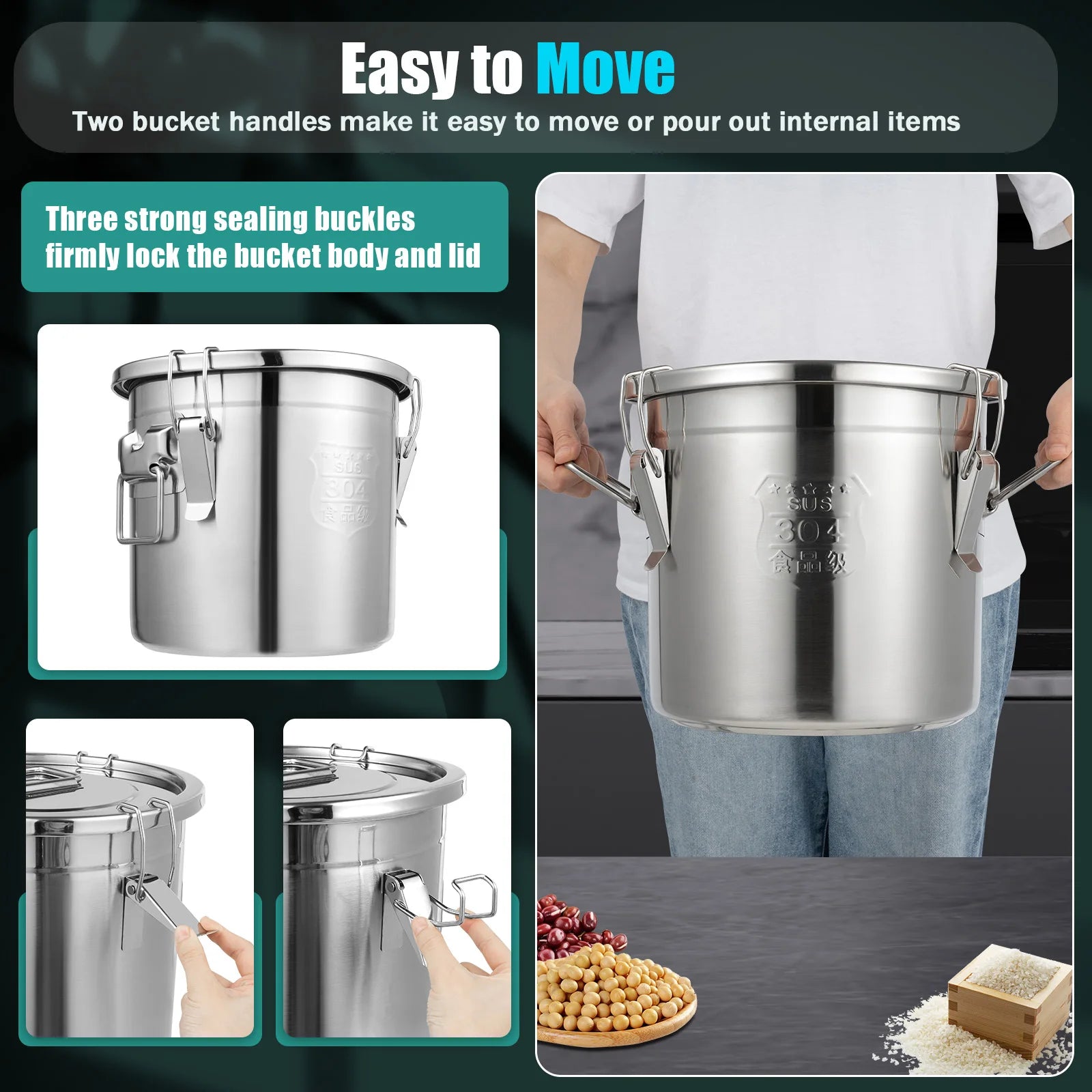 304 Stainless Steel Storage Bucket 33L/12L Airtight Canister