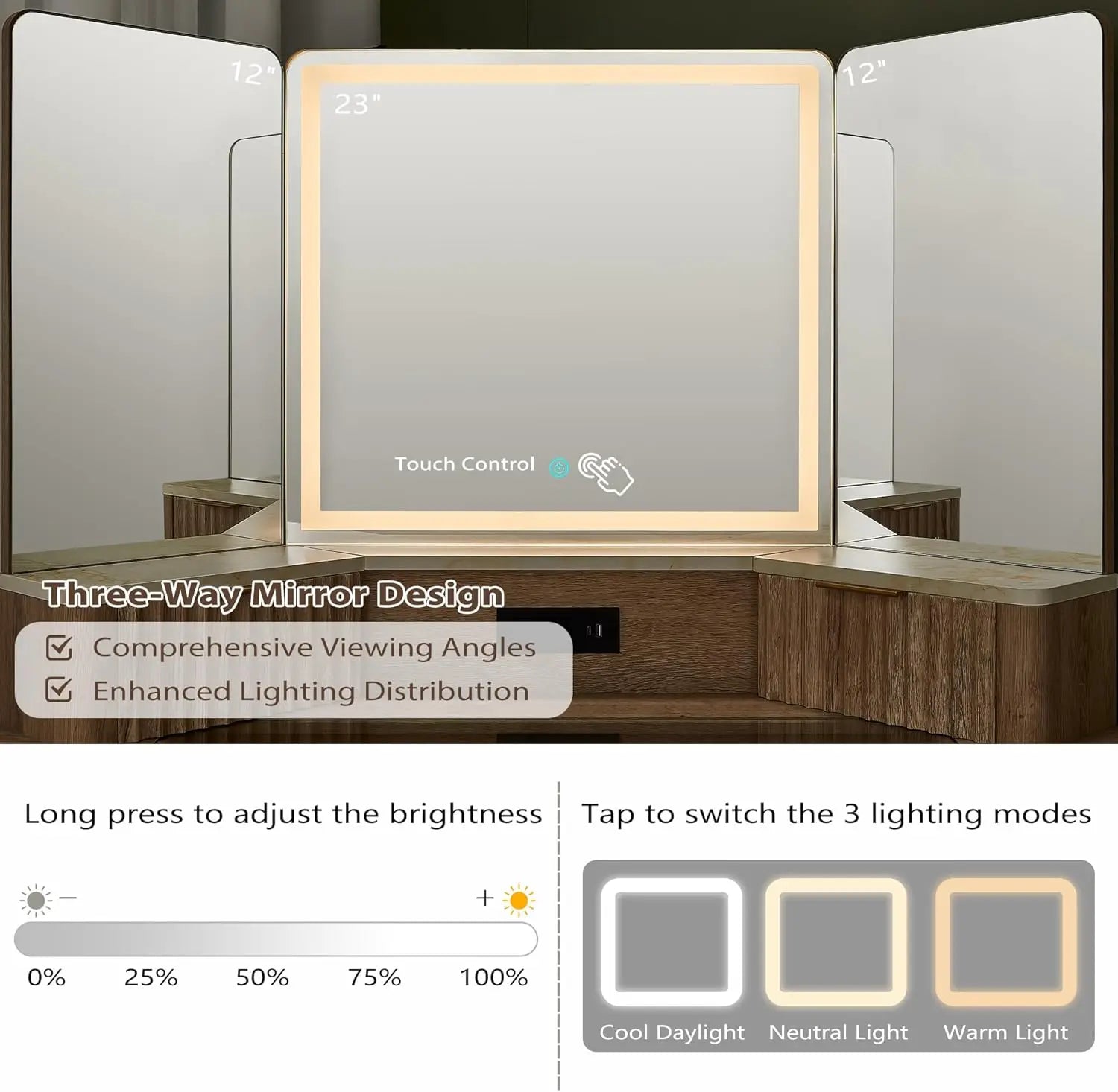 Makeup Vanity Desk 3 Way Mirror And Lights, 48"