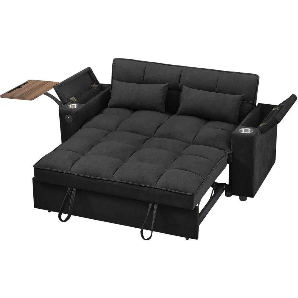 65'' 3-in-1 Folding Convertible Sofa Bed, Pullout Swivel Table