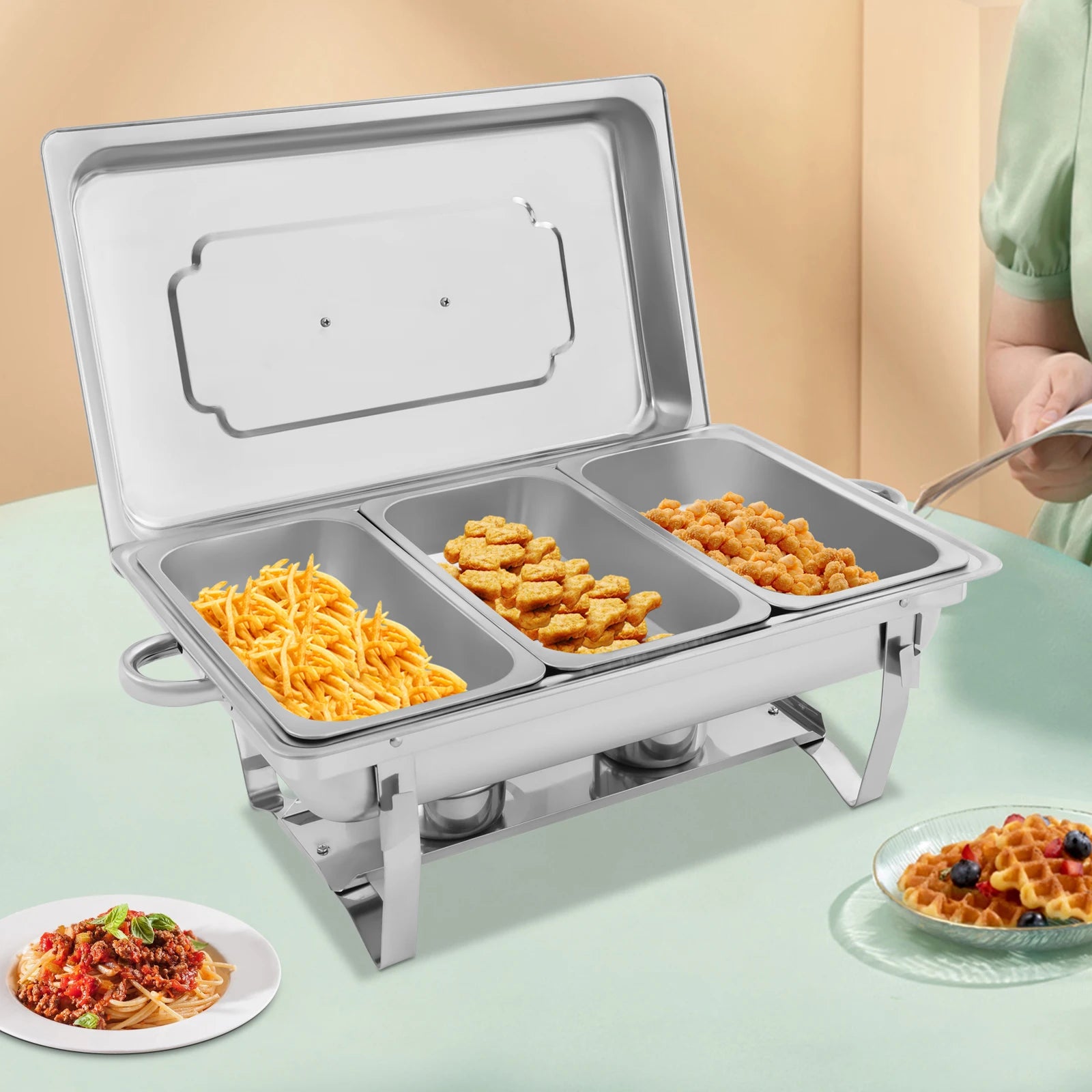 Chafing Dish Buffet Set 3 Grid Stainless Steel Rectangular