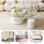 Glass Coffee Table Set of 3, 2 Leather Stools, Accent