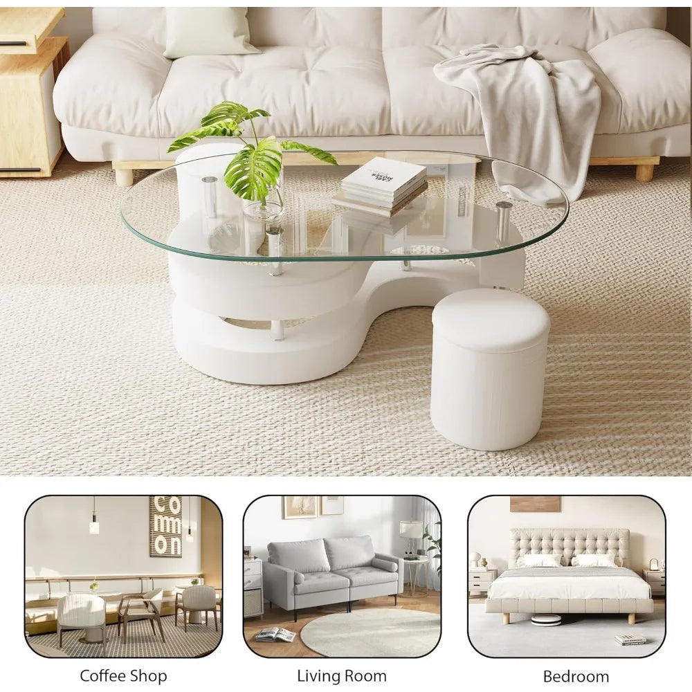 Glass Coffee Table Set of 3, 2 Leather Stools, Accent