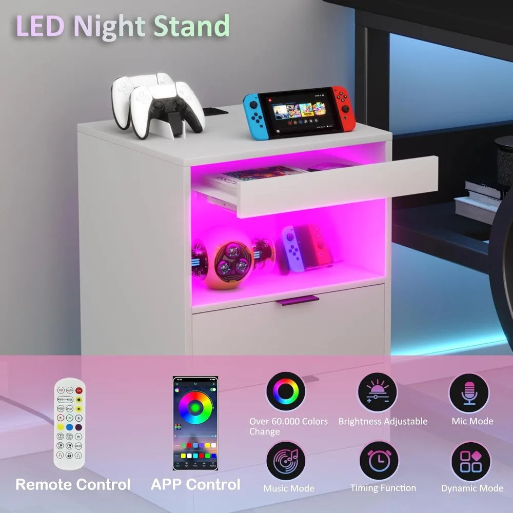 LED Nightstand With Charging Station 2 Shelves