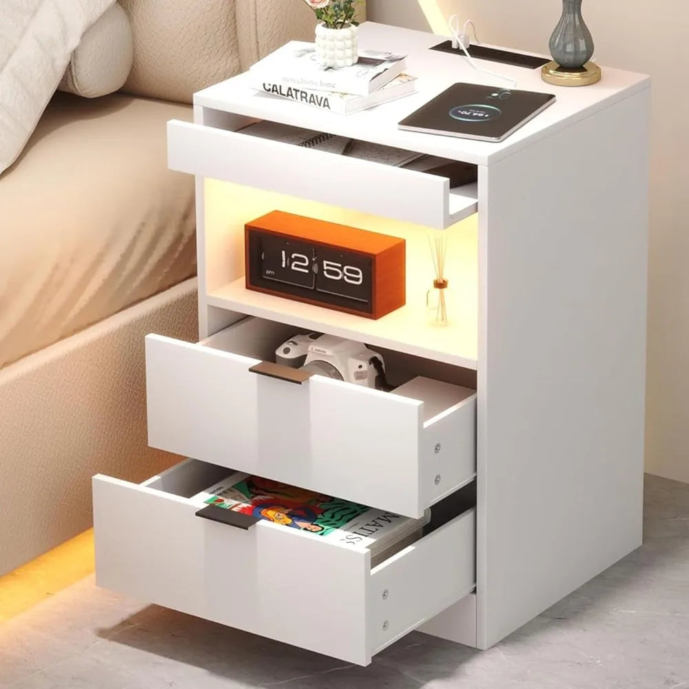 LED Nightstand With Charging Station 2 Shelves
