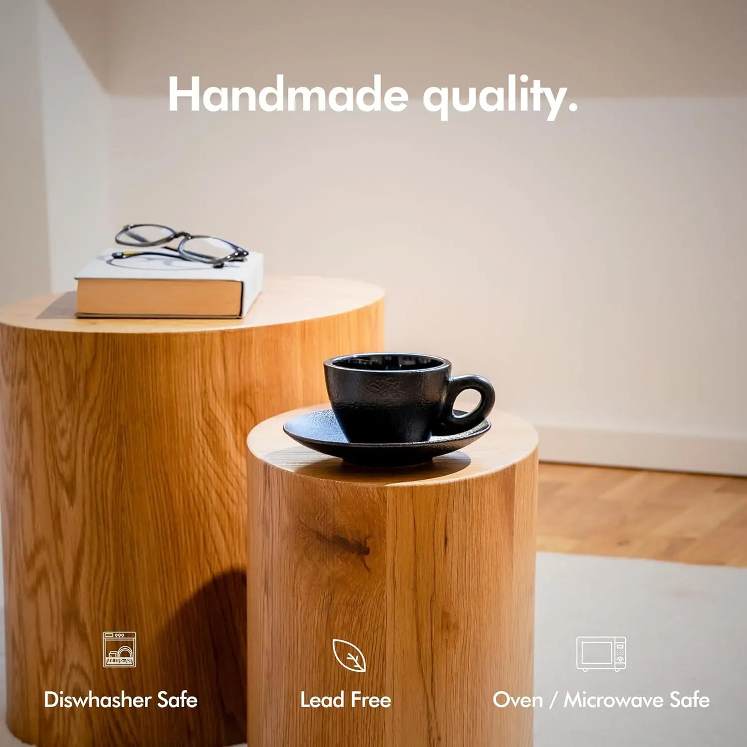 Cappuccino Cups Set of 4 [8oz]  Black Ceramic Mug and Saucer