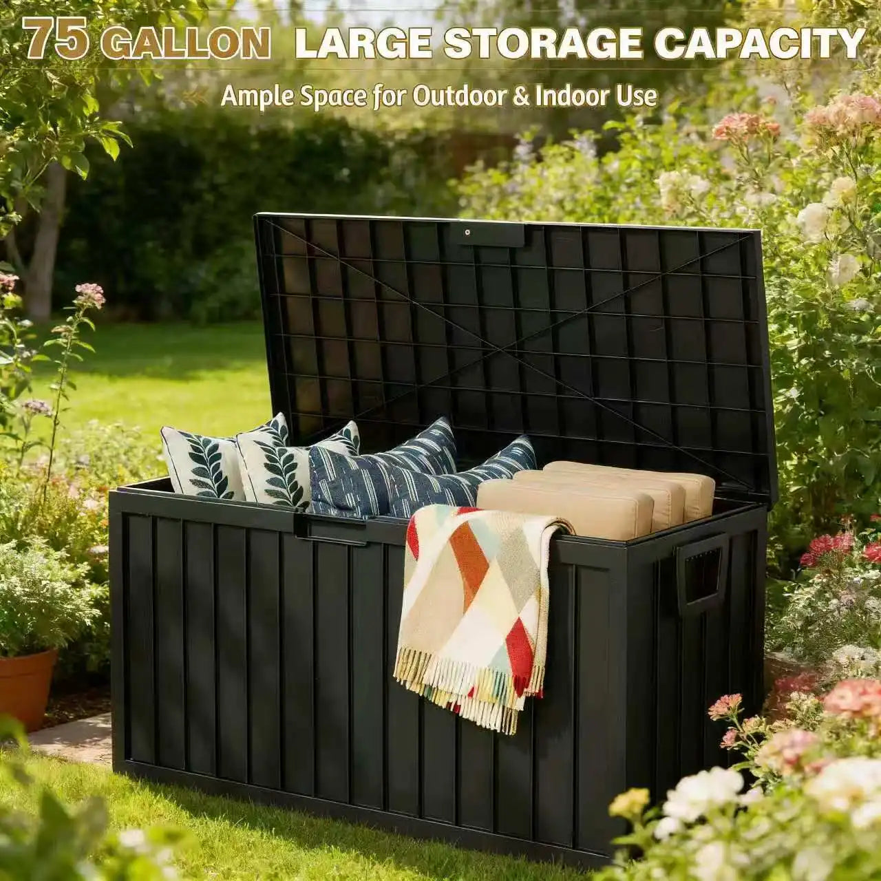 75 Gallon Deck Box with Lockable Lid & Heavy-Duty Hinged Door