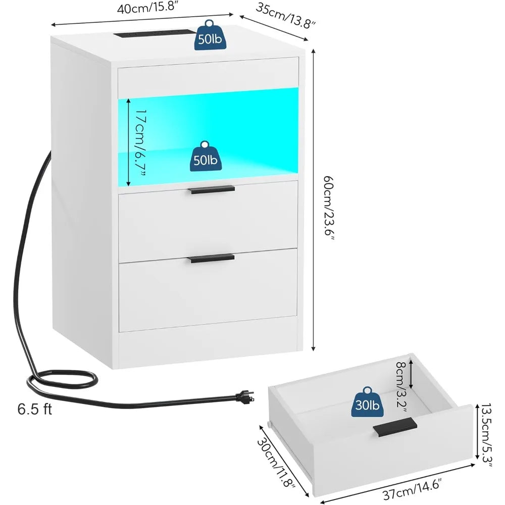 LED Nightstand With Charging Station 2 Shelves