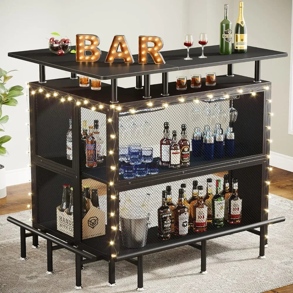 L-Shaped Bar Table With Stemware Racks, 2-Tier Shelves