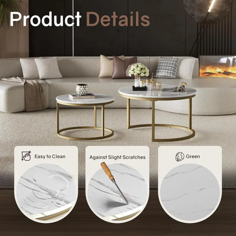 31.5" Round Coffee Table,  White Marble Stack Nesting