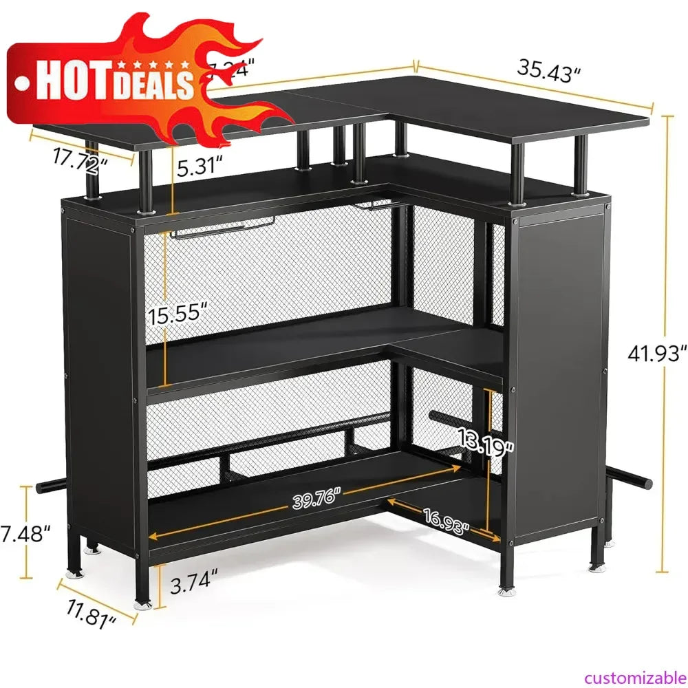 L-Shaped Bar Table With Stemware Racks, 2-Tier Shelves