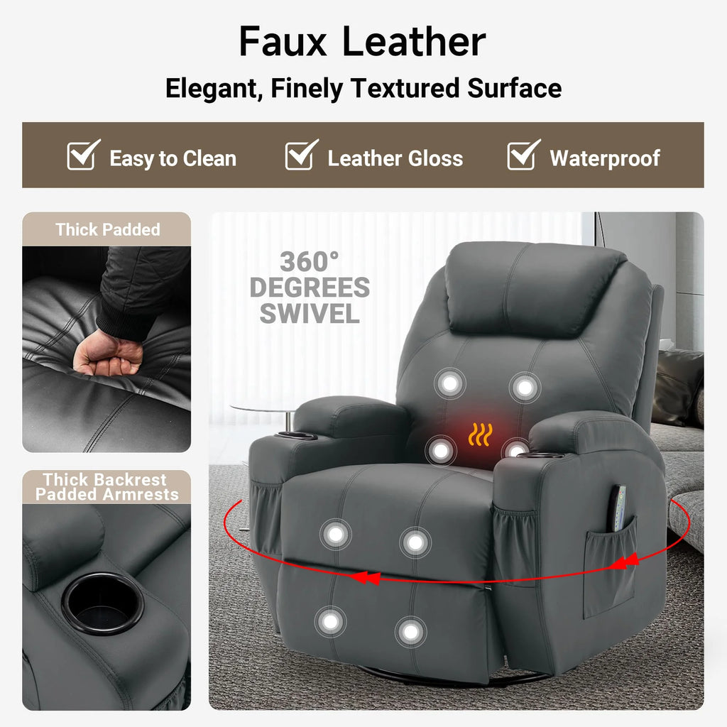 Recliner With Massage and Heat, 360° Swivel Remote