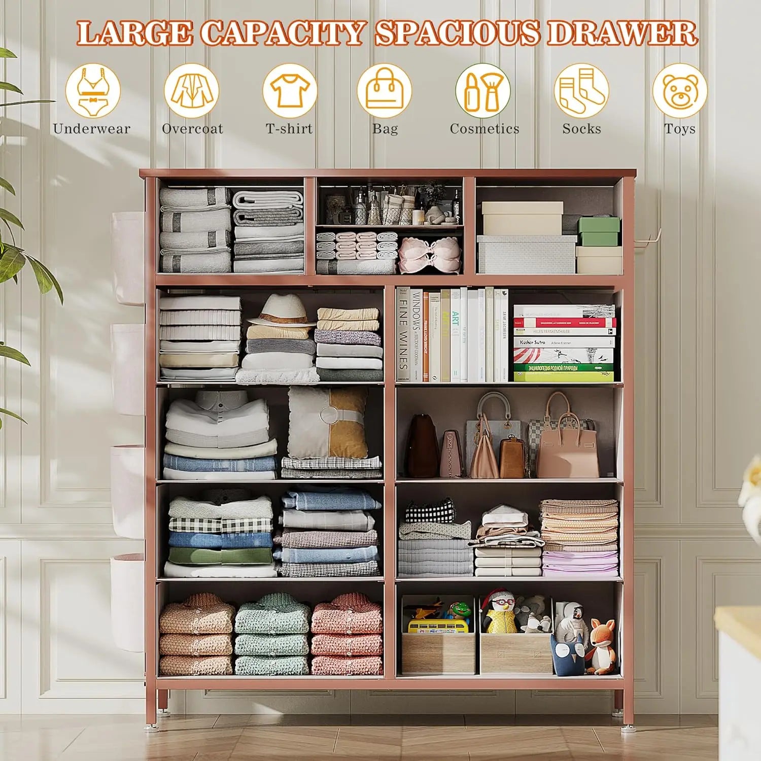 Pink Dresser 12 Drawers Side Pockets And Hooks, Fabric