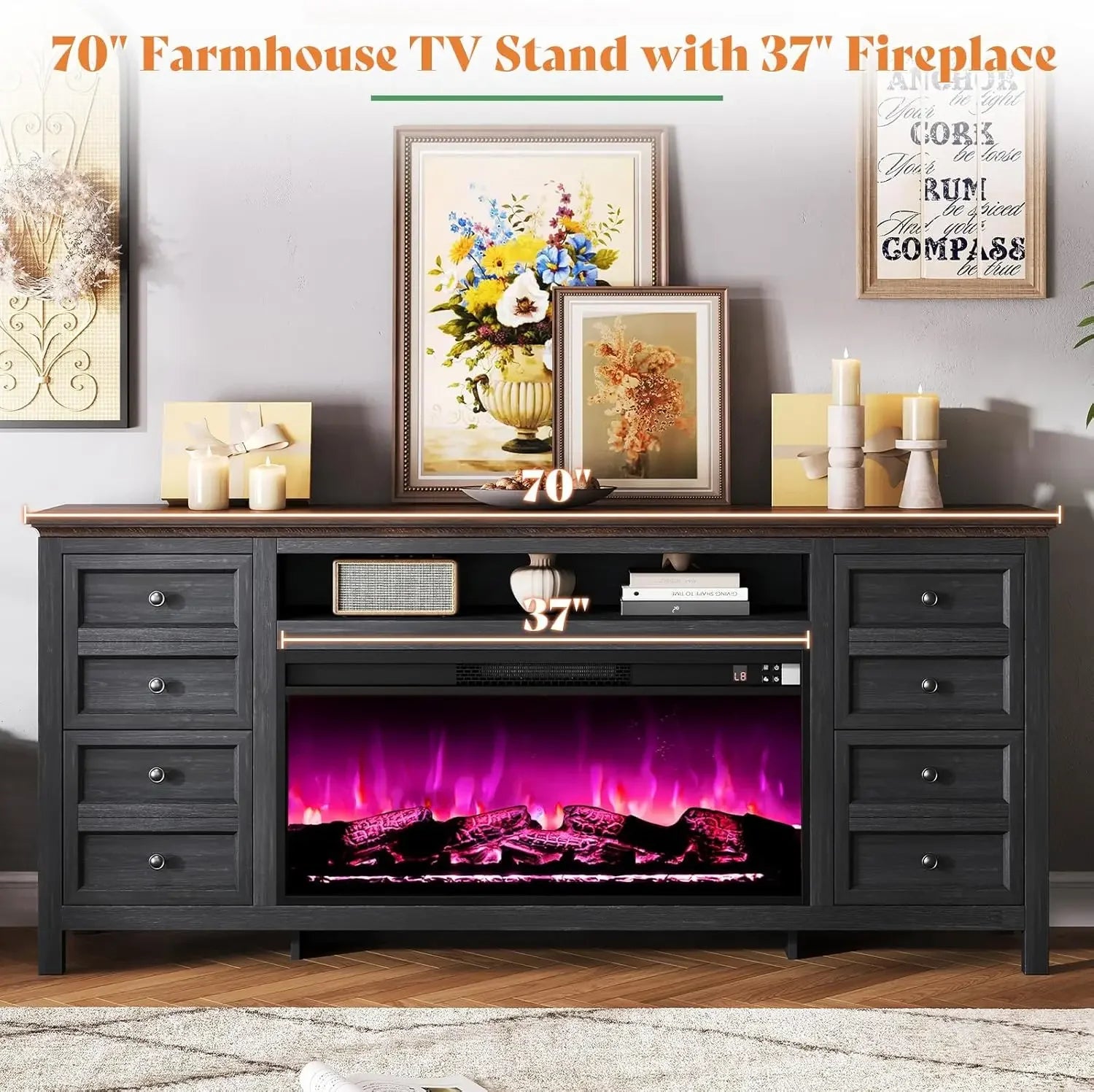 70" TV Stand With 37" 7,Color Fireplace For 80" TVs