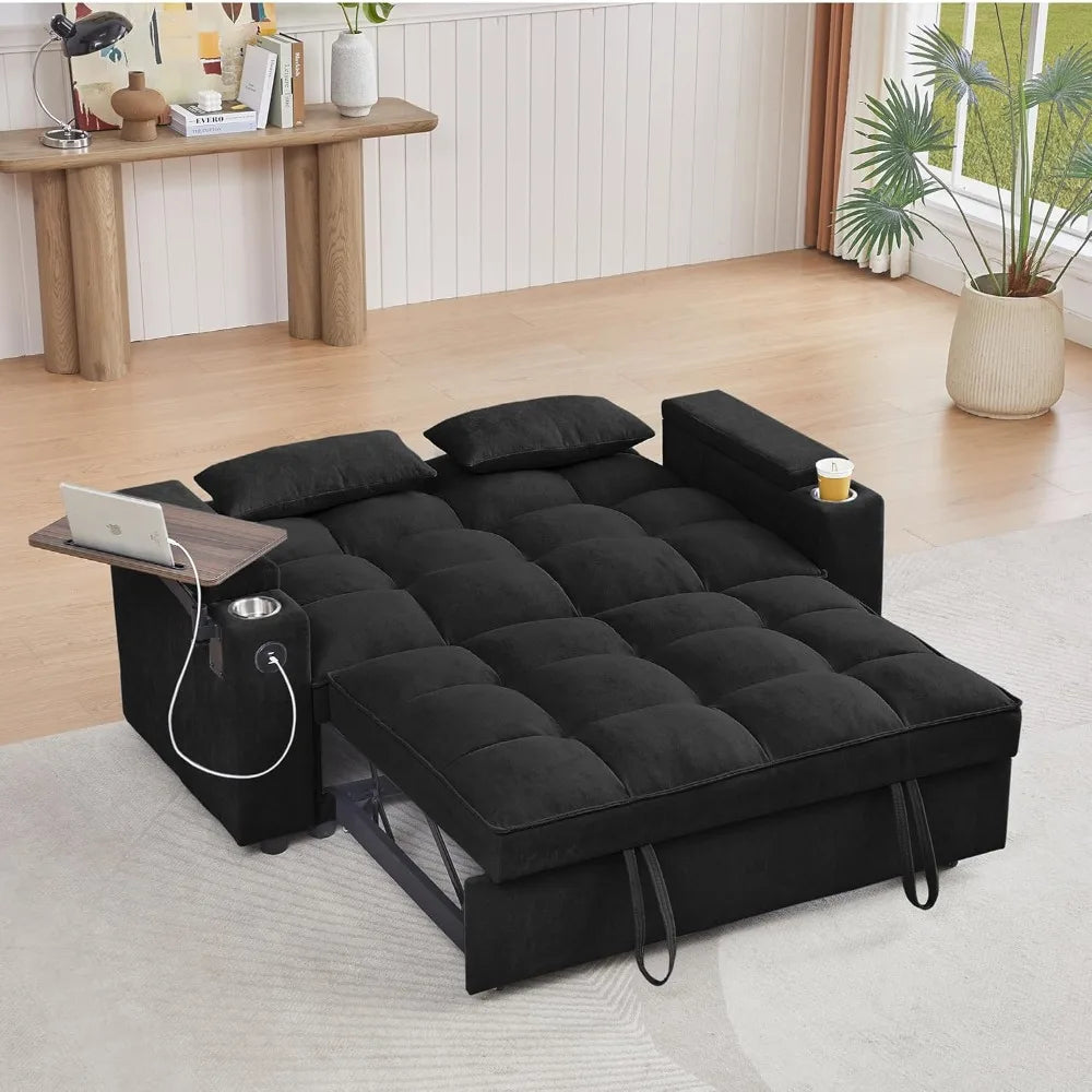 65'' 3-in-1 Folding Convertible Sofa Bed, Pullout Swivel Table