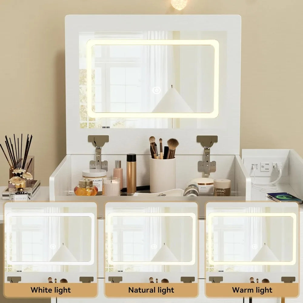 Vanity Desk With Flip Mirror, LED Lighting