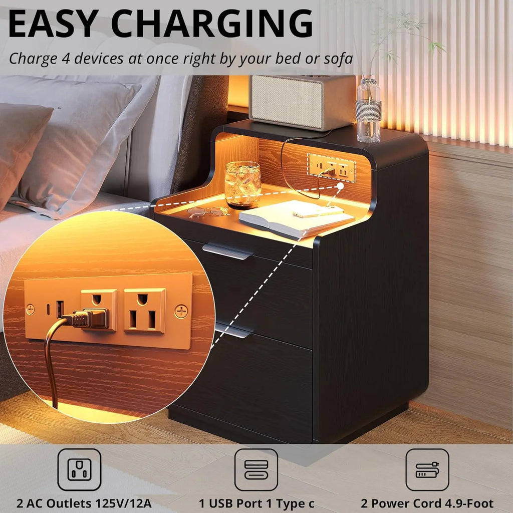 Nightstand Charging Station ,LED Lights, Pull-Out Shelf,