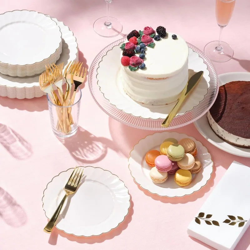 100-Pc Heavyweight Thanksgiving Plates - Ivory Scalloped Gold Trim